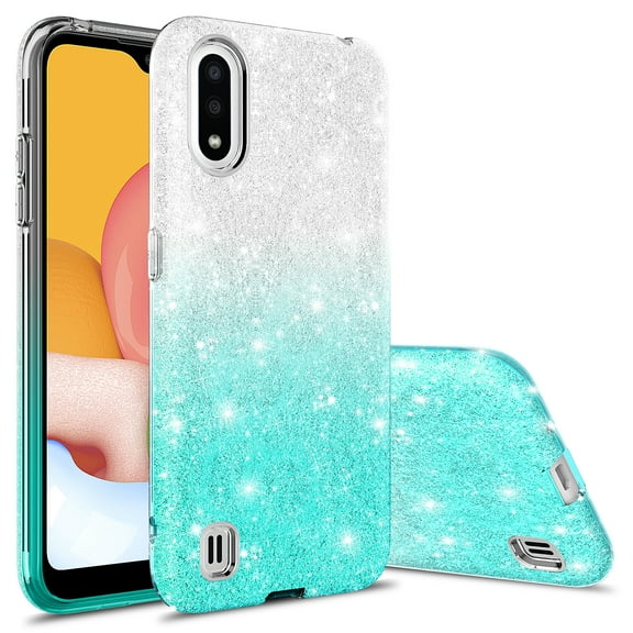 Samsung Galaxy A01 Ultra Case, Rosebono Cute Fashinon Slim Luxury Shinning Sparkle Bling Classy Glitter Sparkle Girl Girly Women Protective Cover for Samsung Galaxy A01 (Silver / Teal)