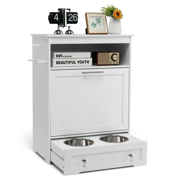 Infans Pet Feeding Station Furniture w/ Double Pull Out Dog Bowl Food Cabinet White