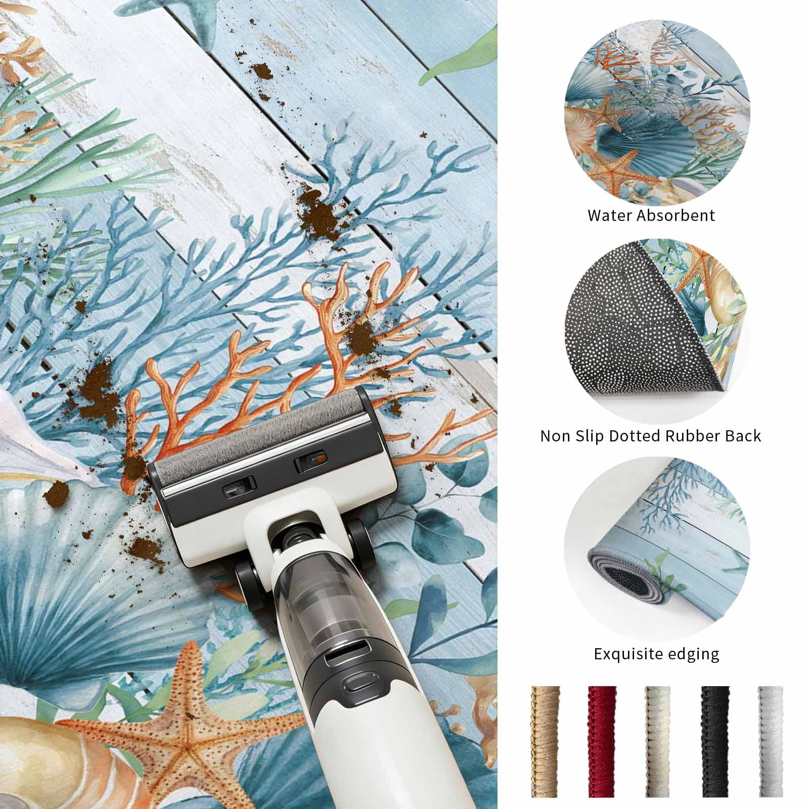 Area Rugs 3'x5', Blue Coastal Carpet Runner Indoor Outdoor Rugs Home Decor Aesthetic, Summer Beach Starfish Shell Coral Nautical Non Slip Mats Washable Accent Rug for Living Room Bedroom