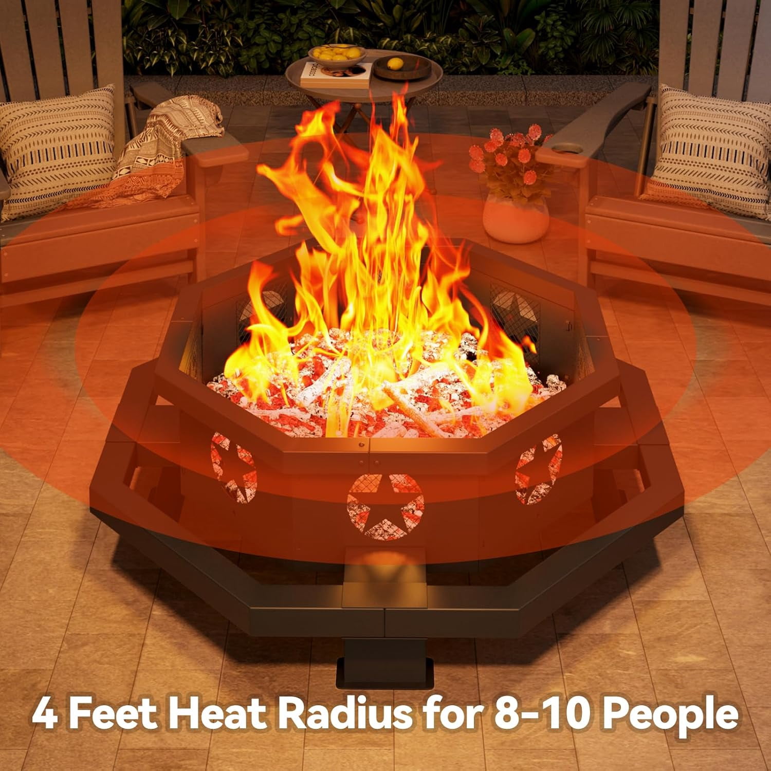 45" Octagonal Fire Pit, Wood Burning Fire Pit with Poker for Outside