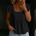 thumbnail image 3 of Tops for Women Square Neck Cotton Linen Blouse Ruffle Sleeves Peplum Top Sweet Casual Summer Clean Outfits Black M, 3 of 8
