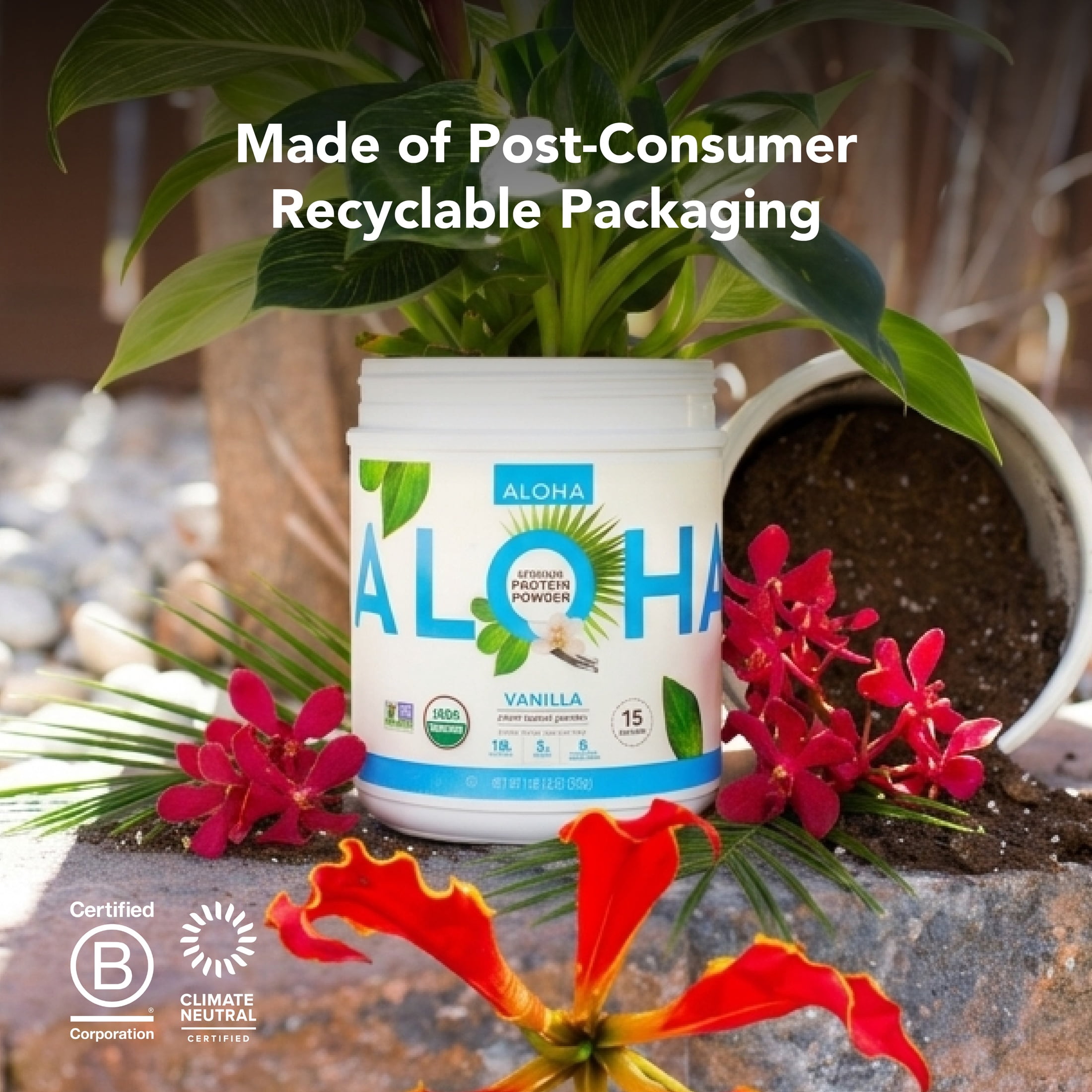 ALOHA Organic Plant Based Protein Powder, Vanilla, 18g Protein Smoothie, Stevia, Sucralose or Erythritol Free, 15 Servings