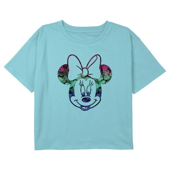 Girl's Mickey & Friends Colorful Tropical Minnie Graphic Cropped T-Shirt Blue Medium