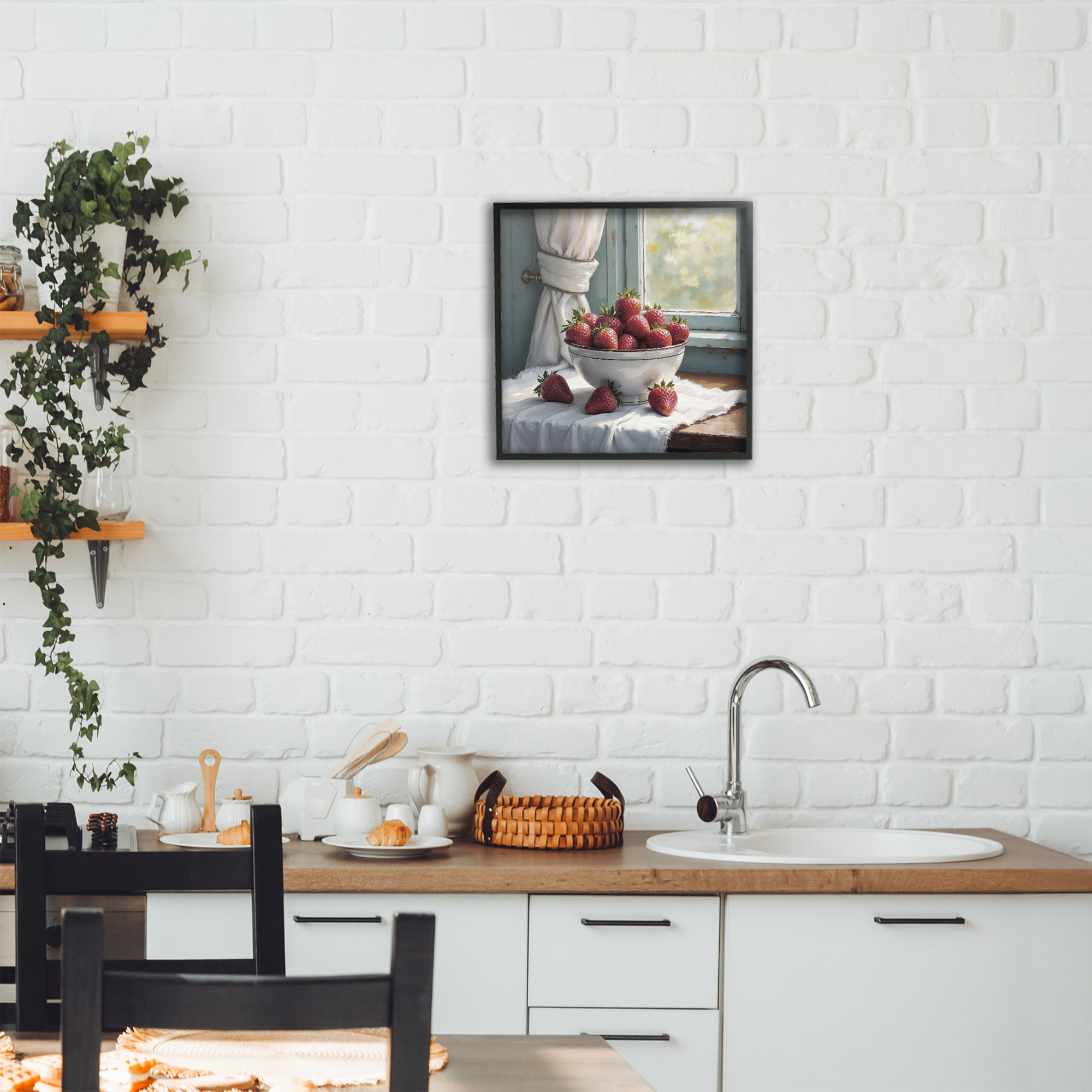 Strawberry Harvest in Window Black Framed Giclee Art, design by Lettered and Lined