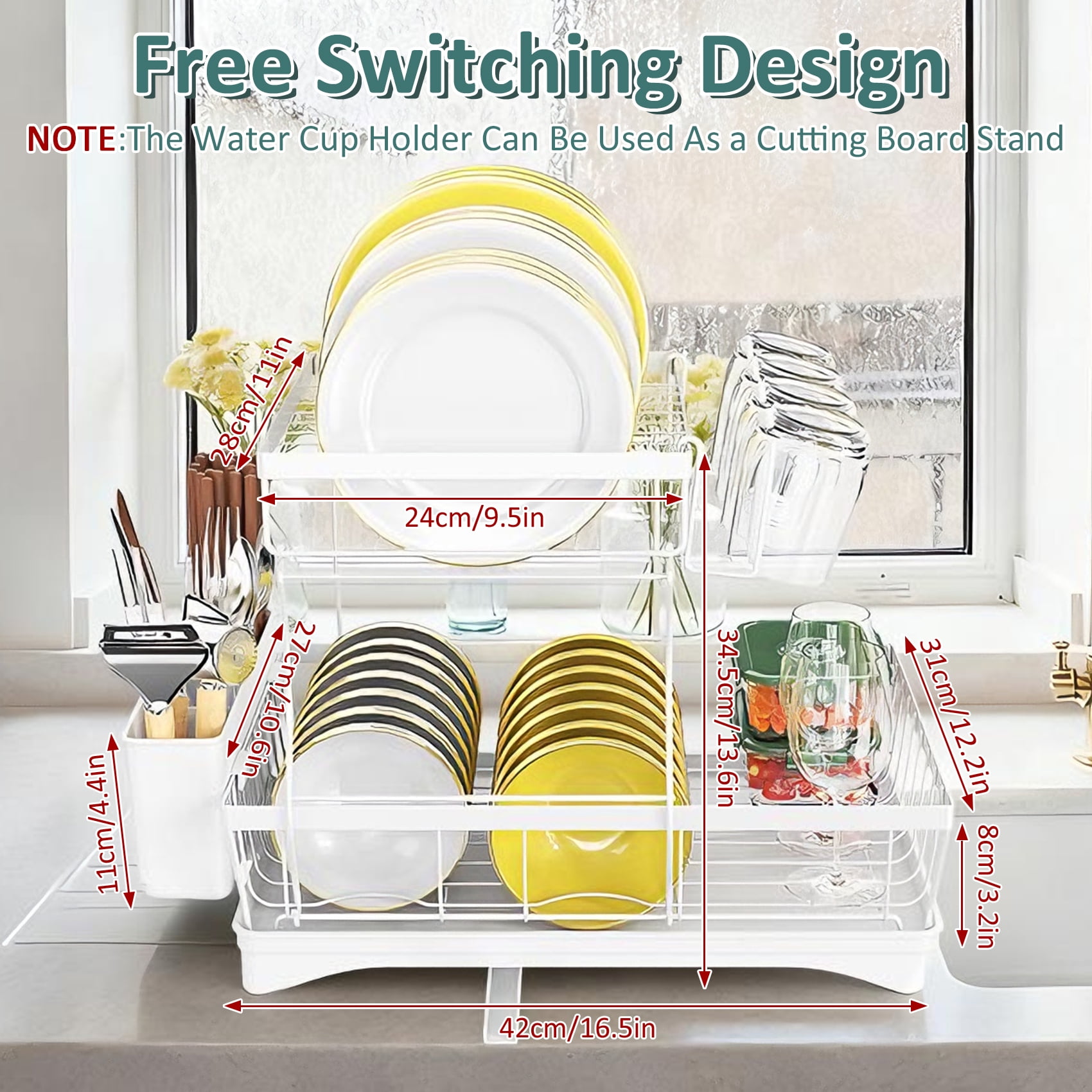 Glovv Large Capacity Dish Racks for Kitchen Counter, 2 Tier Collapsible Over the Sink Dish Rack,Versatile Dish Drying Rack with Auto Drainage System and Breathable Mesh Basket, White