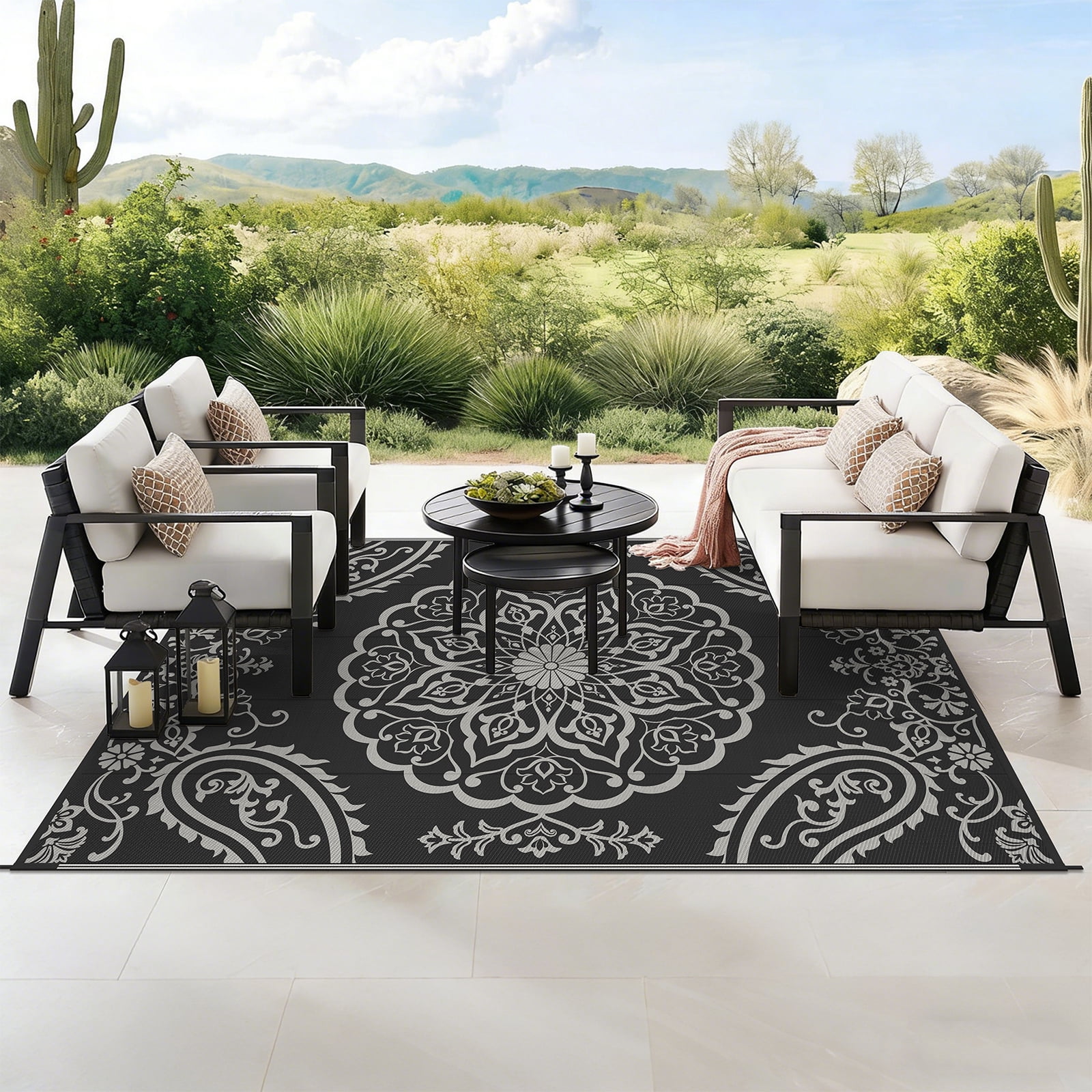 MeyJey 6'x9' Outdoor Rugs for Patio, Patio Rug Waterproof RV Mats, Plastic Straw Camping Area Rug for Indoor Porch Balcony Beach Mat, Black/Grey