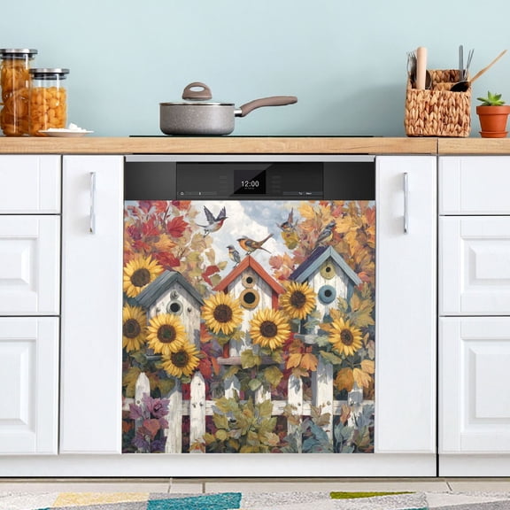 23x26 Inch Magnetic Appliance Cover Dishwasher Sticker Home Decorative Art Kitchen Panel Decal Trimmable Birdhouses with Sunflowers