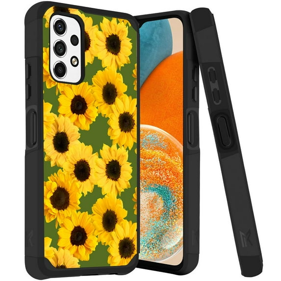 ANJ+ Rugged Dual Layered Shockproof Slim Hybrid Case + Tempered Glass Cover Compatible with Samsung Galaxy A23 5G - Yellow Sunflowers