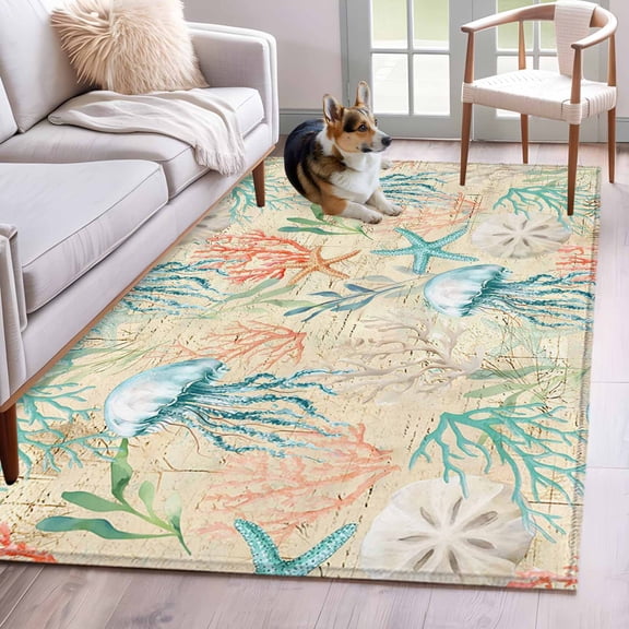 3'x5' Rug for Living Room Bedroom, Teal Red Coastal Washable Area Rugs Non-Slip Carpet Mats, Jellyfish Nautical Beach Coral Starfish Indoor Low Pile Area Rug Runner for Kitchen, Mudroom