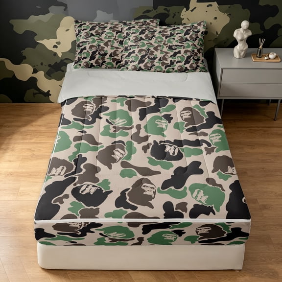 Manfei Retro Gorilla Wildlife Zipper Twin Comforter Sets with Fitted Sheet and 2 Pillowcases, Contemporary Art Camo Zipper Bedding Set, Wheat Green, Gray Reversible, 4 Pieces