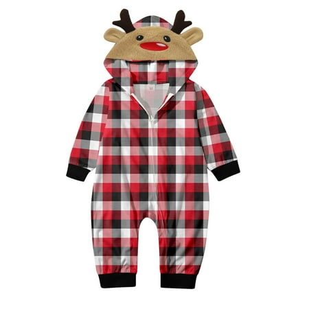 

AIMAOMI Babys Merry Christmas Sets Red Plaid Prints Hooded Zipper Jumpsuit Family Outfit H