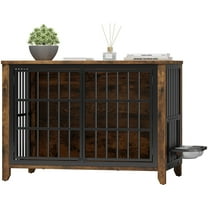 GIKPAL Dog Crate Furniture with Dual Rotating Bowls, Wooden Indoor Dog Kennel for Large Dogs, Sturdy Pet Crate Cage End Table, Brown