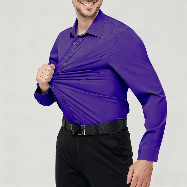 Zhyou Men Classic Fit Long Sleeve Dress Shirt Button Down Chest Pocket Wrinkle Resistant Soft Comfort Tops,Purple,L
