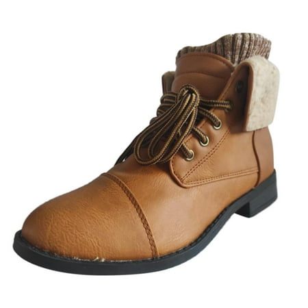 

Boots Women sh Woolen Thread Buckle Buckle Front Lace-Up Low-Heeled Cotton
