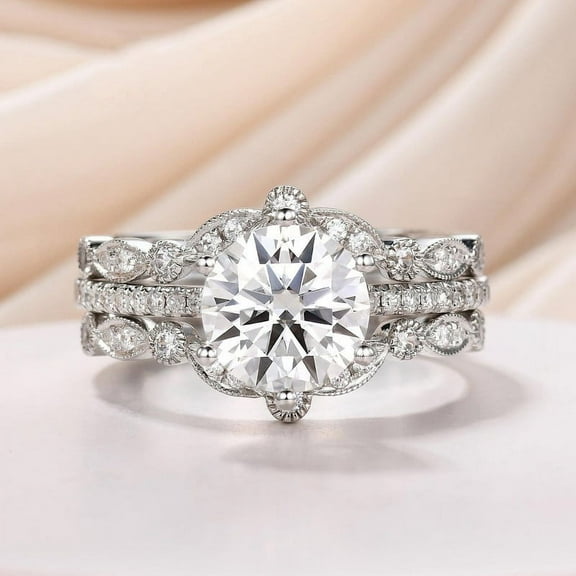 Bow Jewel 1.9 Ct Round Cut Diamond Rings - 14K White Gold Over Rings - Bridal Set Engagement Wedding Diamond Jewelry for Women's - Double Shank Diamond Ring for Women's - Proposal Delicate Ring