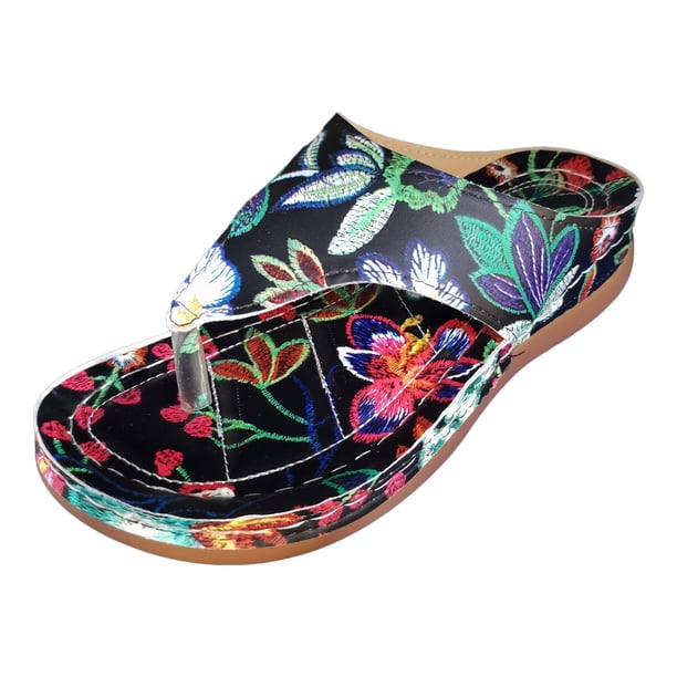 Bmisegm Ladies Summer Beach Flat Casual Colour Block Printed Clip Toe Large Size Slope Heel Sandals Sandals Women Summer Black 7.5