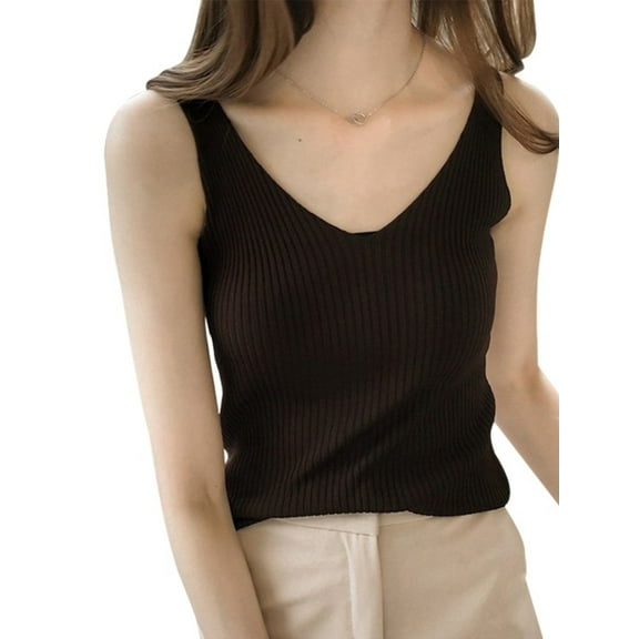 Ochine Women Knit Top V Neck Sleeveless Solid Color Slim Fit Ribbed Sweater Causal Fashion Vest Blouse Tank Top Lightweight Tee Shirts Under Shirt Summer Fall, One Size