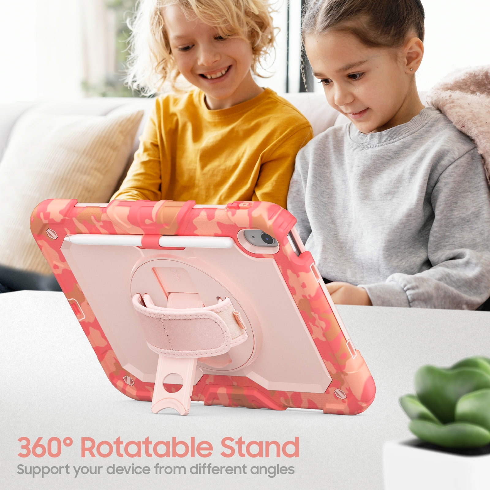 ELEHOLD Rugged Case for iPad 11th(A16) 2025/10th 2022, 360° Rotating Kickstand Hand Shoulder Strap Pencil Holder Built-in Screen Protector Full-Body Shockproof Protective Cover,Pink