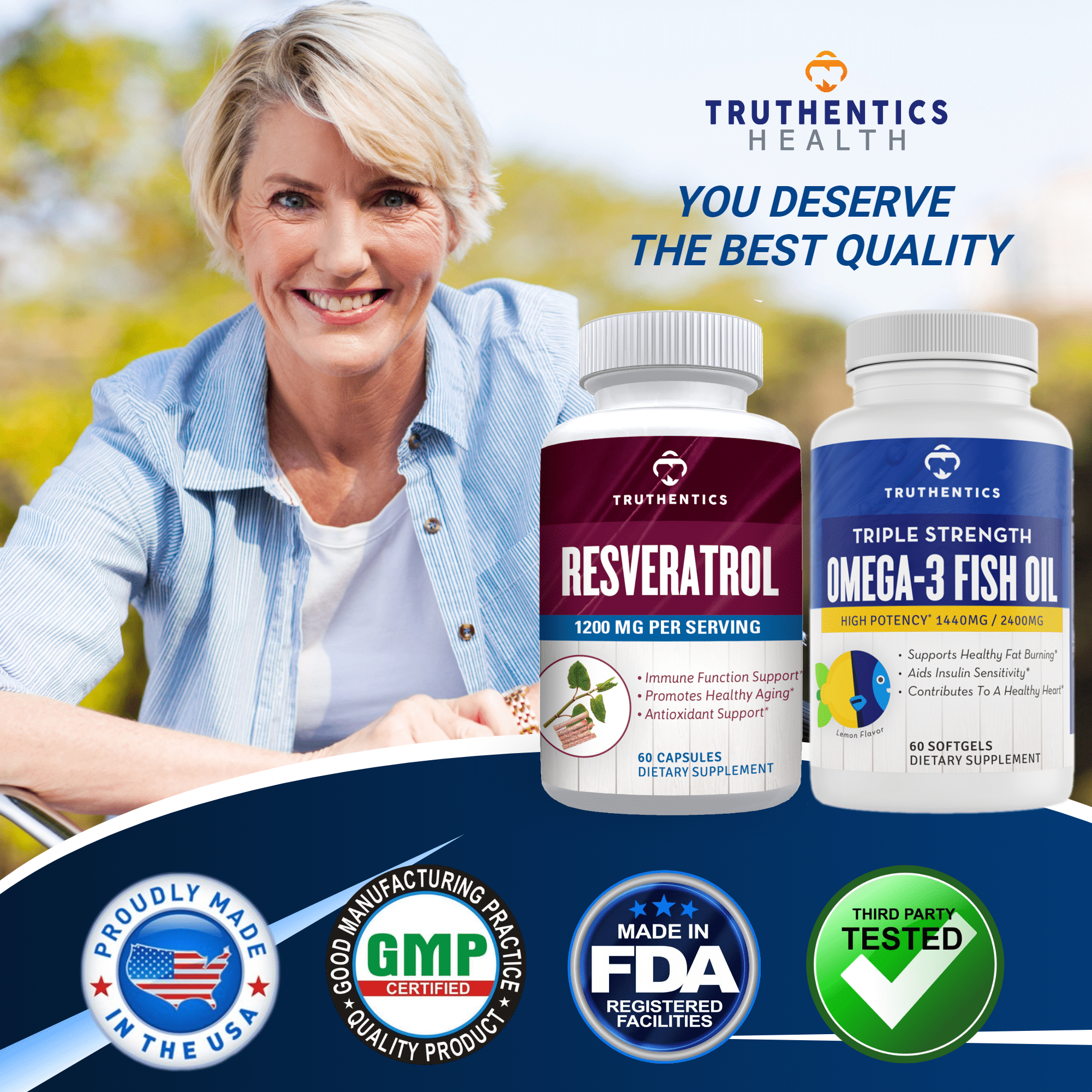 Truthentics Resveratrol Plus Omega-3 Fish Oil Bundle - Anti-Aging, Heart, Brain, Skin, Joint Support - 120 Capsules