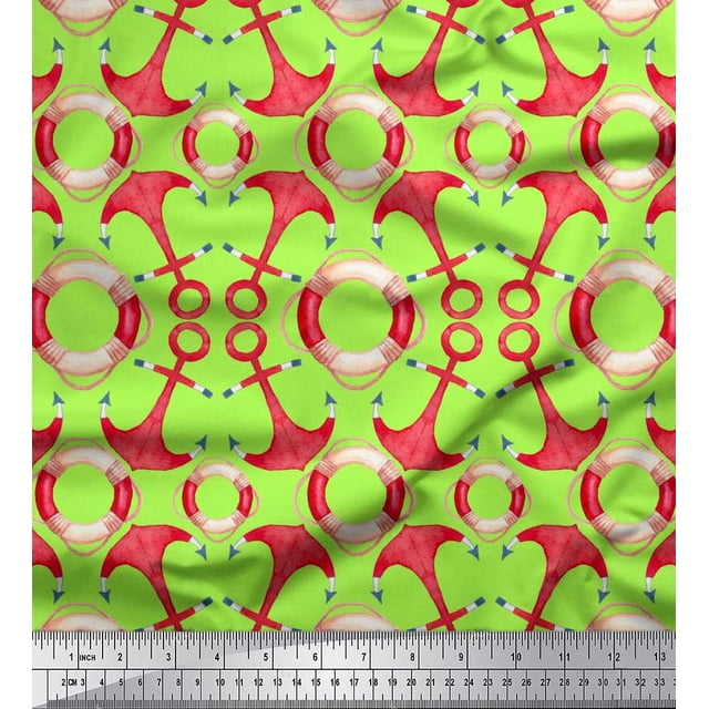 Soimoi Green Velvet Fabric Life Ring & Anchor Hook Nautical Fabric Prints By Yard 58 Inch Wide