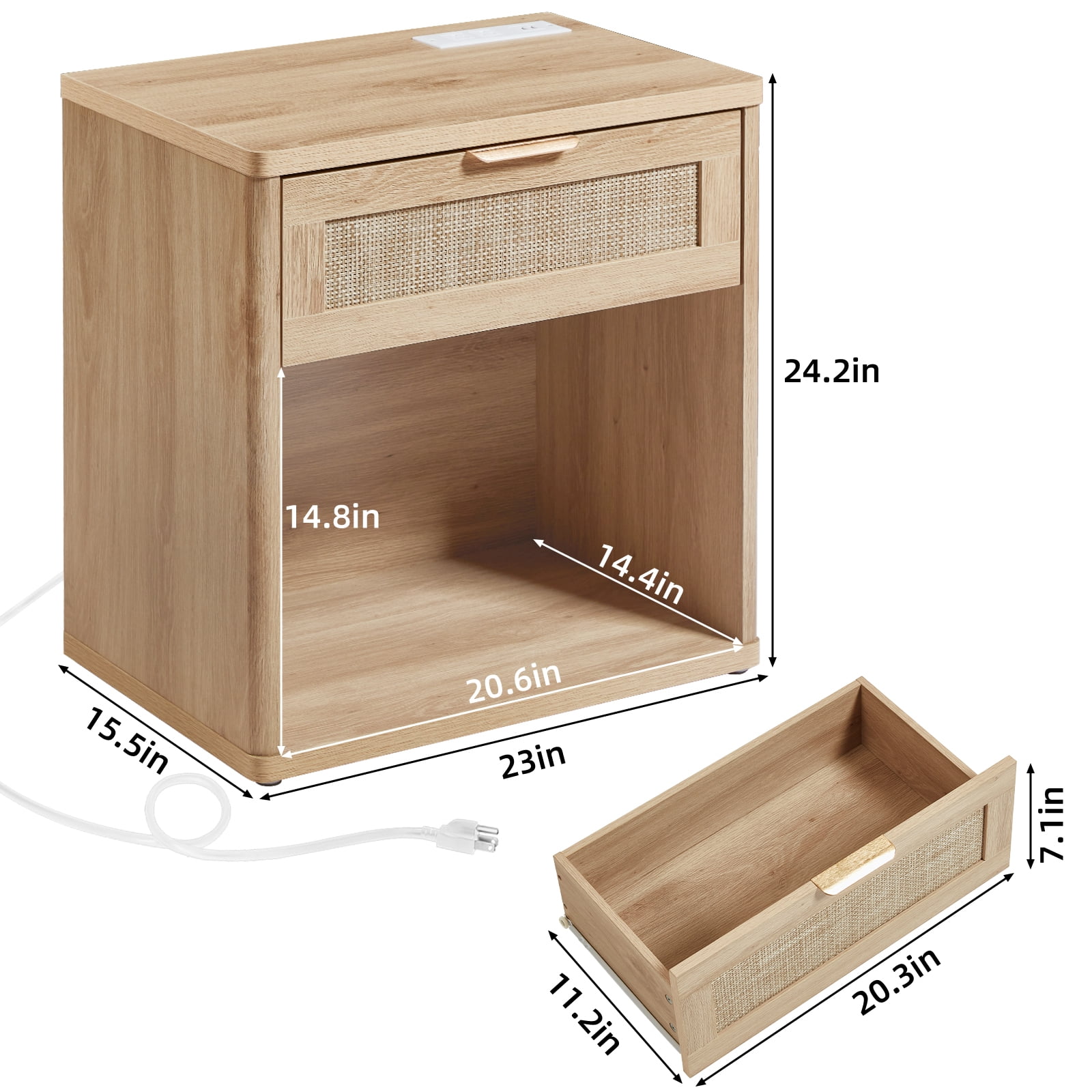 LELELINKY Rattan Nightstand with Charging Station, 23" Wide Boho Bedside Table with Drawer and Shelf for Bedroom, Living Room, Wood