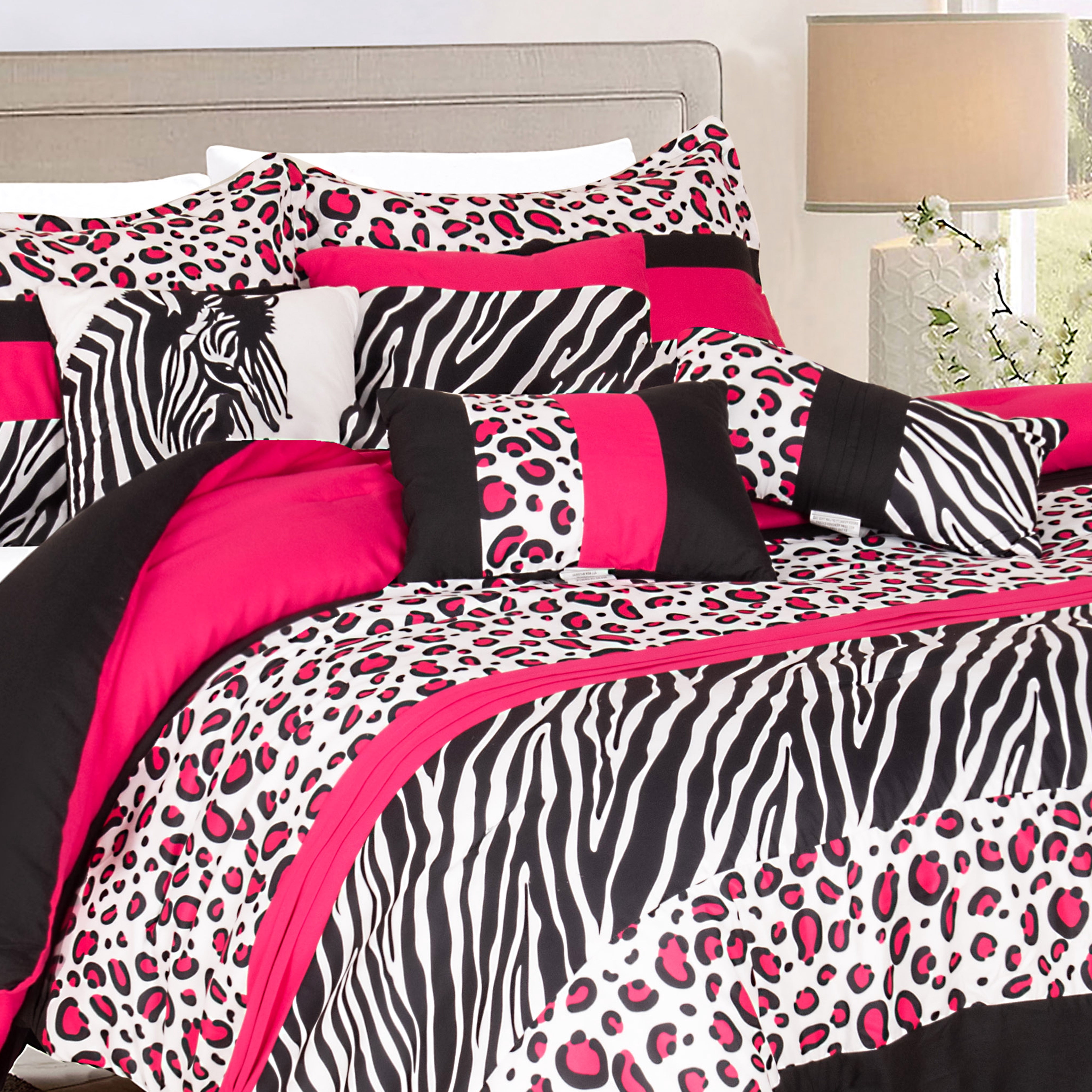 EvJk 7 Pieces Leopard Print Comforter Set Color Block Patchwork Bed in A Bag, Pink and Black, King
