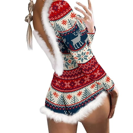 

JeashCHAT Babydoll Lingerie for Women Christmas Print Feather Trim Front Adult Onesie Home Wear Siamese Pajamas