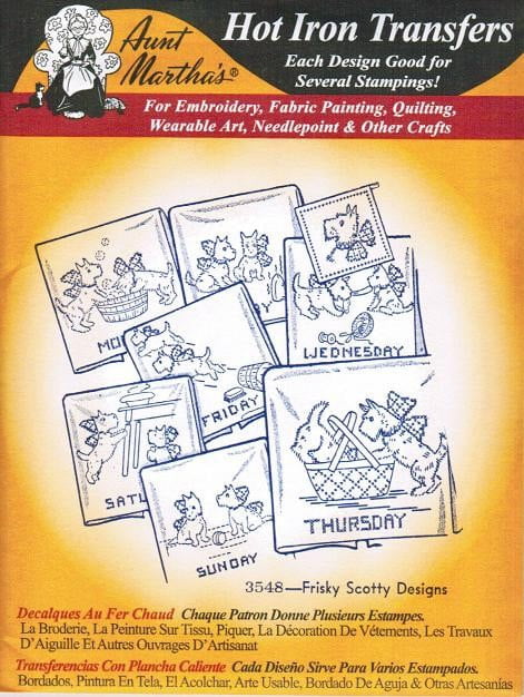Transfer Pattern Aunt Martha's® Vintage Embroidery 3548 Hot Iron Transfers Frisky Scotty Designs Puppy Embroidery