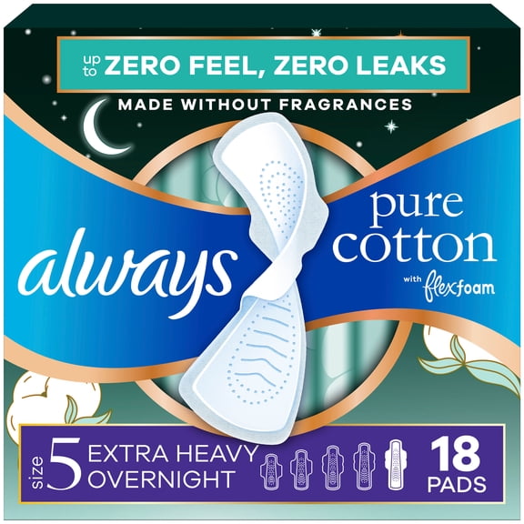 Always Pure Cotton Pads with FlexFoam, Extra Heavy Overnight, Wings, Size 5, 18 Count