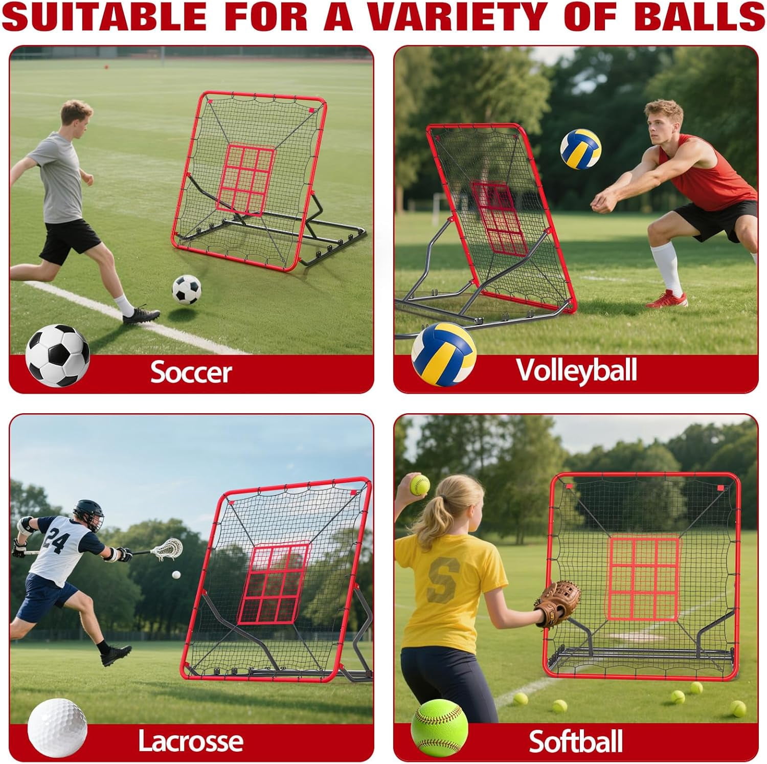Riedhoff Baseball Rebounder Net 4 x 4.5 ft, Heavy Duty Bounce Back Net, 5 Adjustable Angles, Red