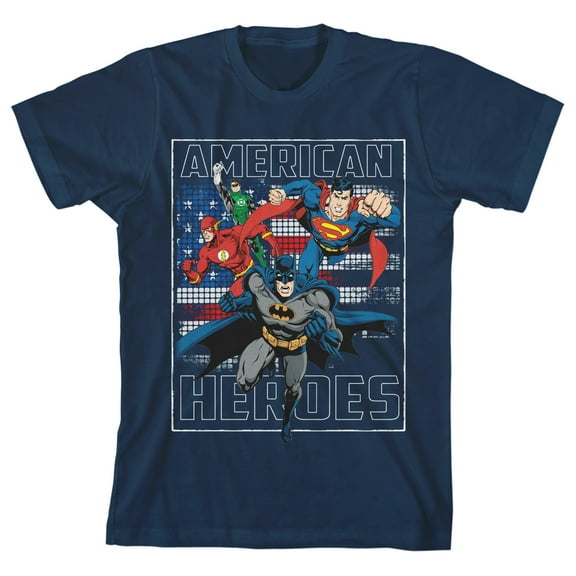 The Justice League American Heroes Youth Navy Blue Graphic Tee-Large