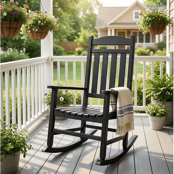 Joxxoaa outdoor Rocking Chair Set of 1,Porch Rocker All Weather Resistant Porch Rocker for Lawn Garden High Back Armrest Set of 1 (Black),Independence Day