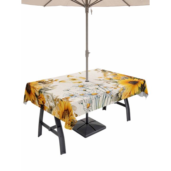 Farmhouse Sunflower Outdoor Tablecloth - 52x70 Inch Rectangle Dining Table Cover, Vintage Daisy Butterflies Rustic Burlap Waterproof Outdoor Table Cloth with Umbrella Hole & Zipper for Picnic/Patio