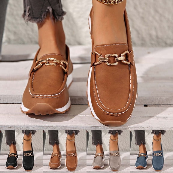 Miluxas Women's Loafers Comfort Slip-Ons Flat Work Shoes Fashon Casual Versatile Metal Chain Loafers Lady Dress Shoes Gray 9.5(43)