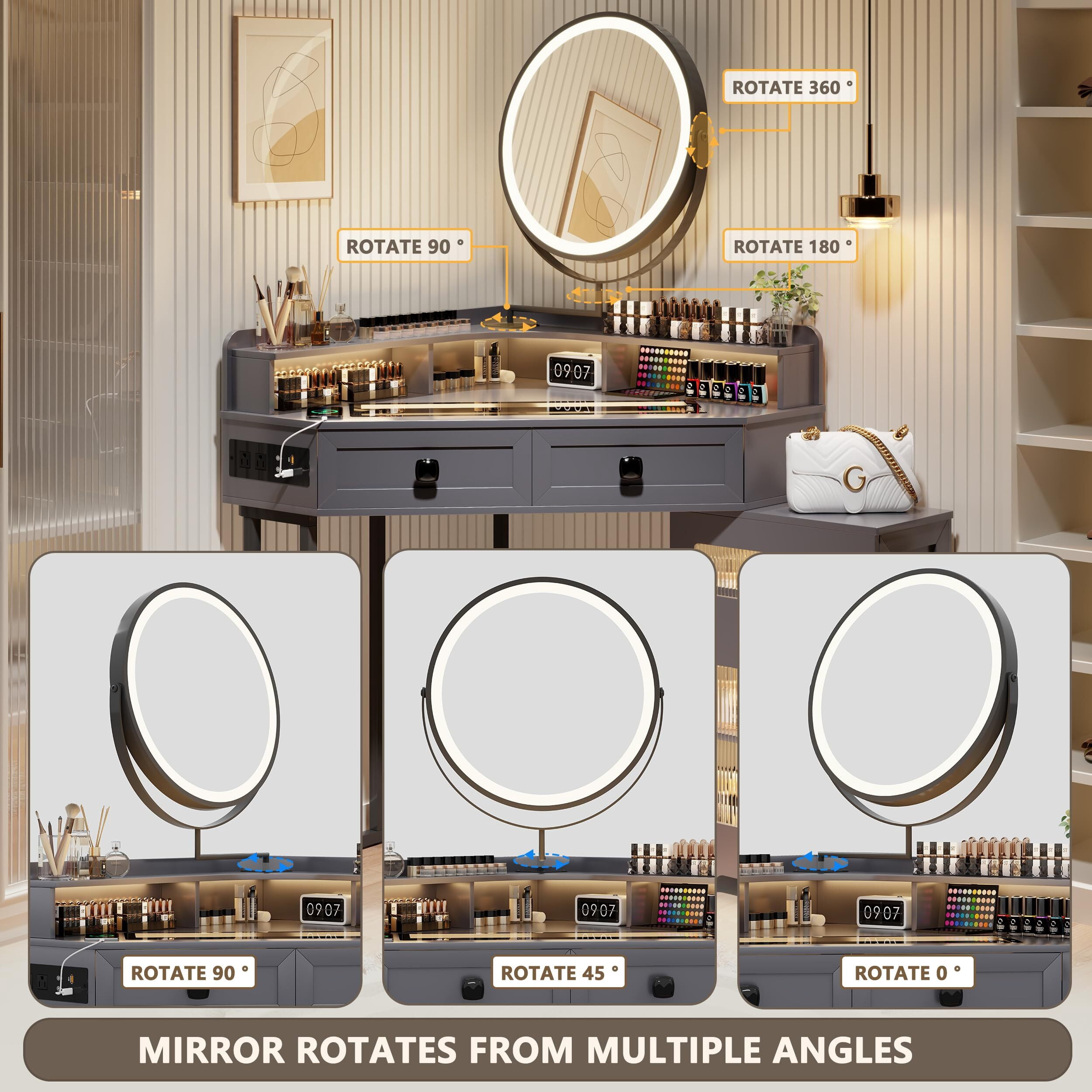 Aukfa Corner Makeup Vanity Table Set with Mirror and Lights, Power Outlet, Drawers and Shelves,Gray