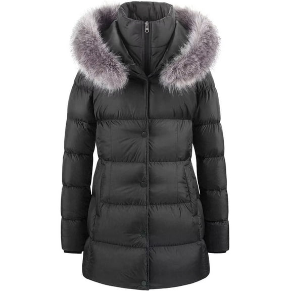 Chrisuno Women's Quilted Winter Coat Collar Hooded Puffer Jacket Parka Black 2XL