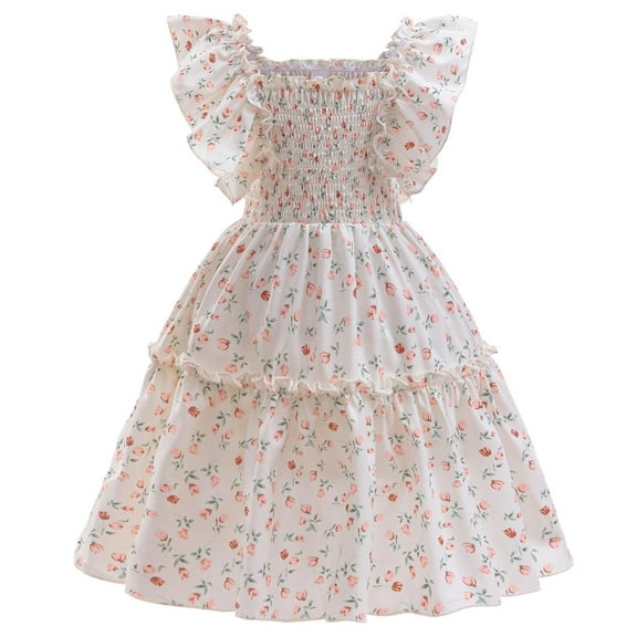 AUNVITO Girls Floral Print Puff Sleeve A-Line Dress Short Sleeve Round Neck Sweet Casual Summer Dress