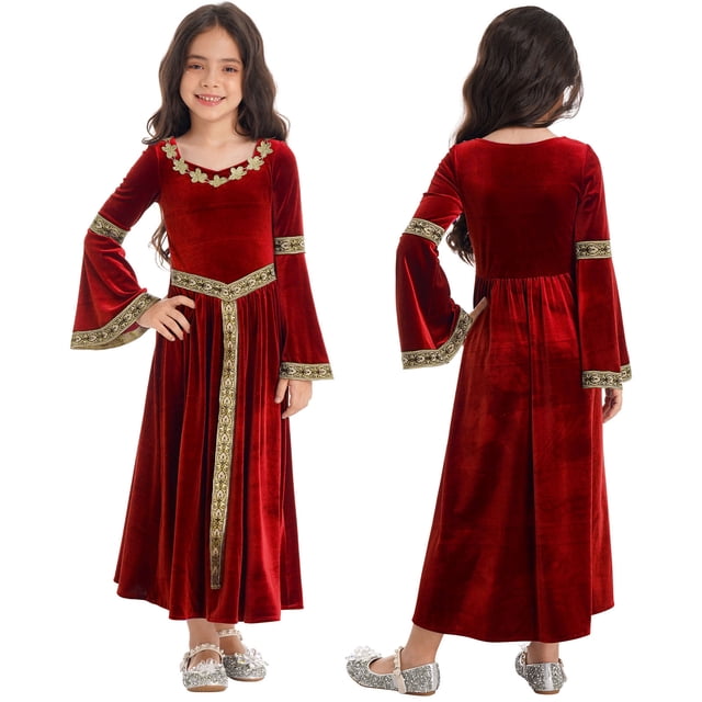 TiaoBug Robe Longue à Manches Cloche pour Filles Robe Princesse Médiévale Robes Maxi Renaissance Robes de Bal Rouge 14