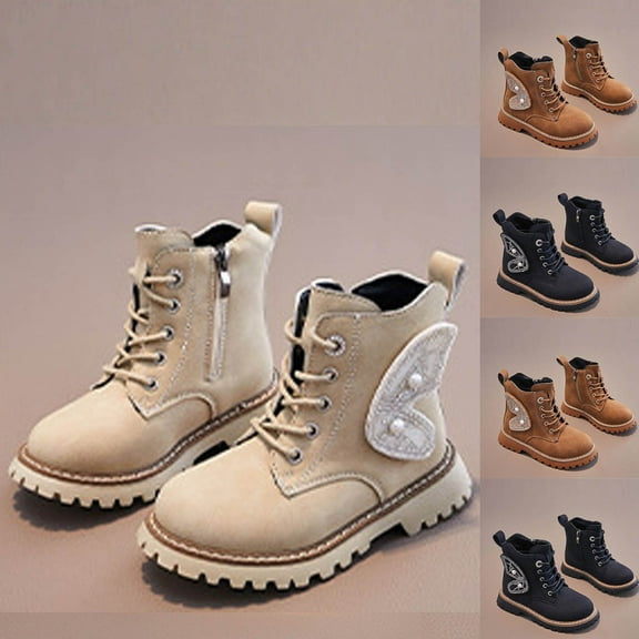 Miluxas Girls Lace Up Leather Ankle Boots with Butterfly Wings Side Zipper Outdoor Warm Short Snow Waterproof Boots for Girls Mid Calf Bootie Brown 2 M(36)