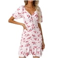 thumbnail image 1 of Vestido estampado de verano para mujer Vestido sexy con cuello en V y cordón Vestido de playa Vestido de sol Mini vestido Dobladillo irregular Vestido fluido con volantes Fridja  qw7292, 1 of 1