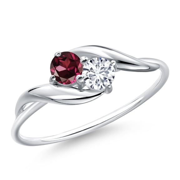 Gem Stone King 10K White Gold Round Red Rhodolite Garnet and White Lab Grown Diamond Ring for Women (0.39 Cttw, Round 3.5MM, Gemstone January Birthstone, Size 8)