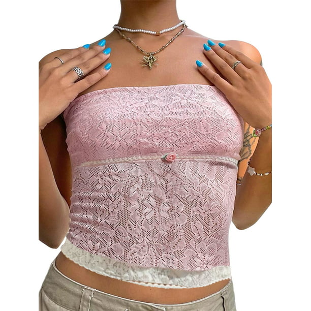 Fortune Tube Tops for Women Bandeau Top Strapless Sheer Lace Tank Top 