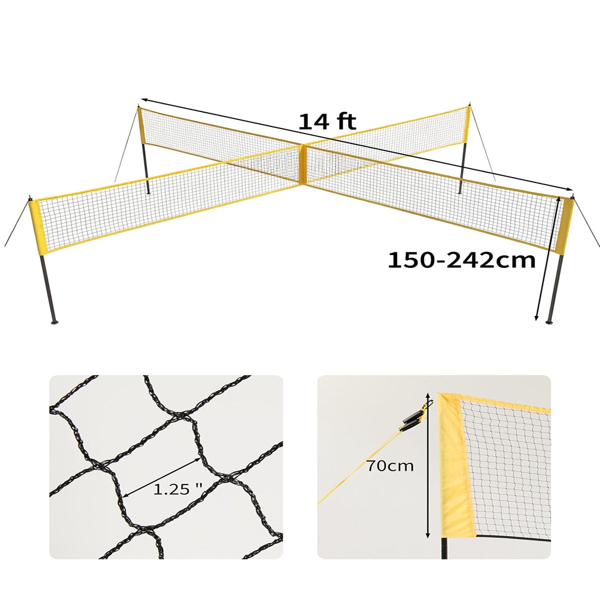 Ataucjin 4 Square Volleyball Game Set, 3 Heights Adjustable (5'/6'4”/7'11”), 14 FT 4-Way Volleyball Net with Portable Carrying Bag, Ideal for Beach Lawn Family Fun