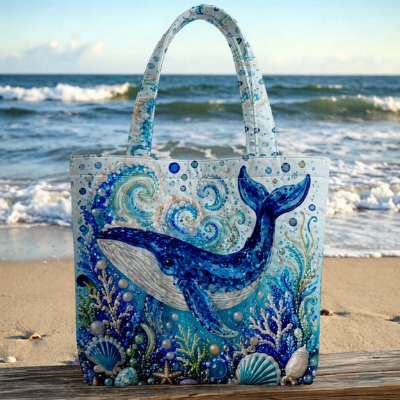 ROSINE Sea Turtle Tote Bag Canvas Beach Bag Quilted Shoulder Purse for Women Coastal Ocean Themed Travel Handbag with Zipper for Vacation, 1-Pack,Blue#04