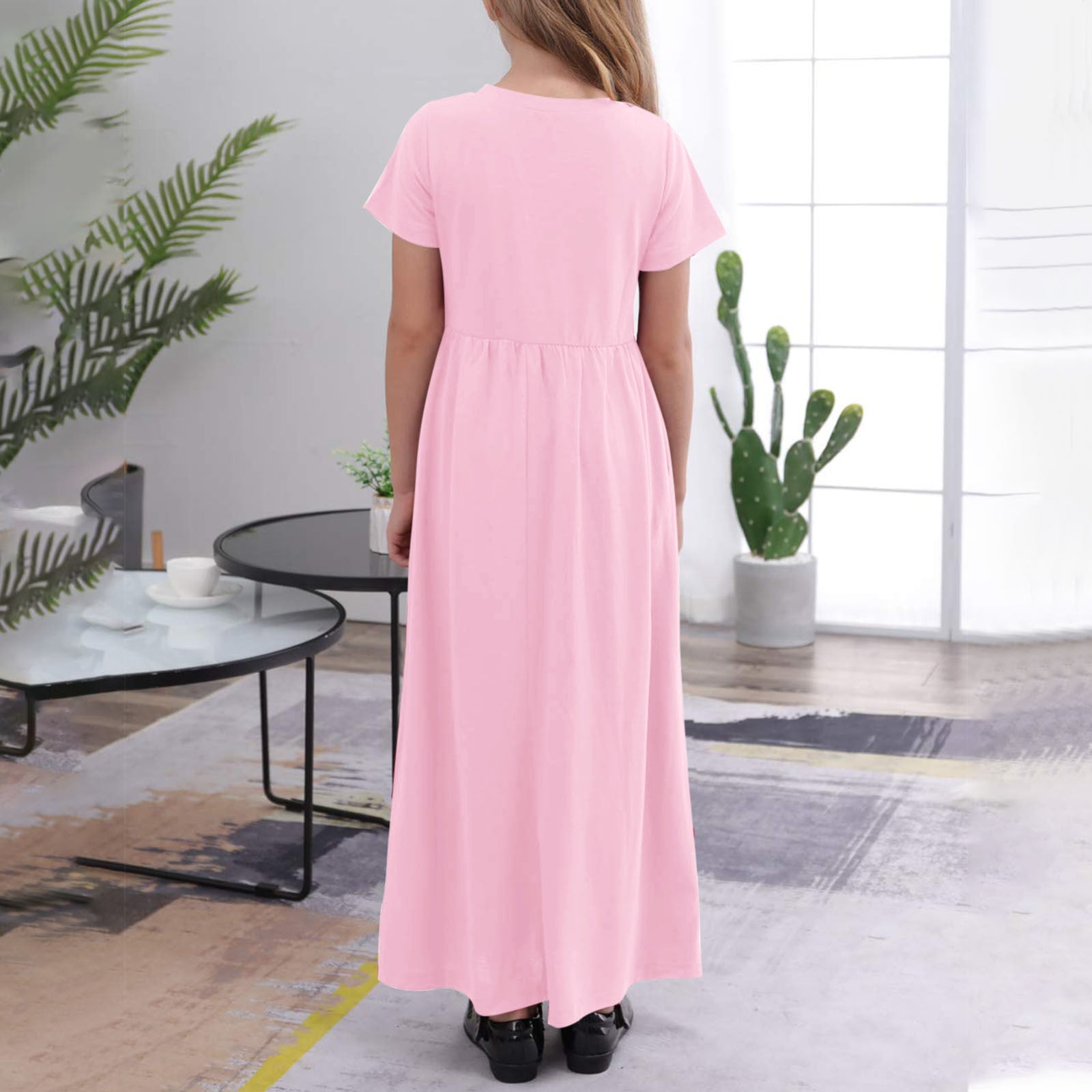 Short Sleeve Dresses for Girls with Pockets Size 4-14 Teens Kids Casual Solid Crewneck High Waisted A-Line Long Maxi Dress 2025