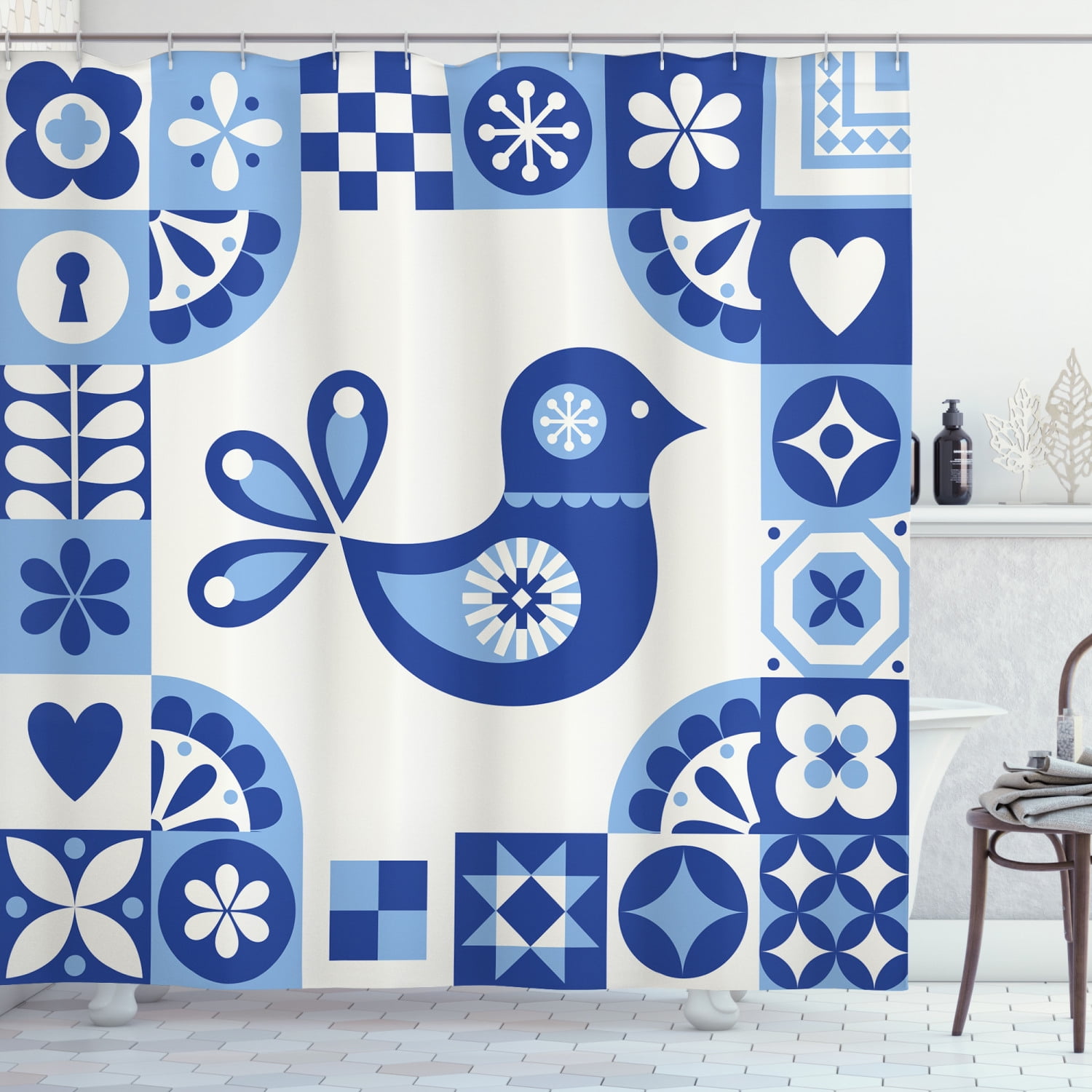 Folk Art Shower Curtain, Sweet Azulejo Tile Look Floral Pattern with