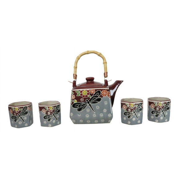 Maroon Grey Tombo Dragonfly With Flowers Hexagonal Teapot With 4 Tea Cups Set