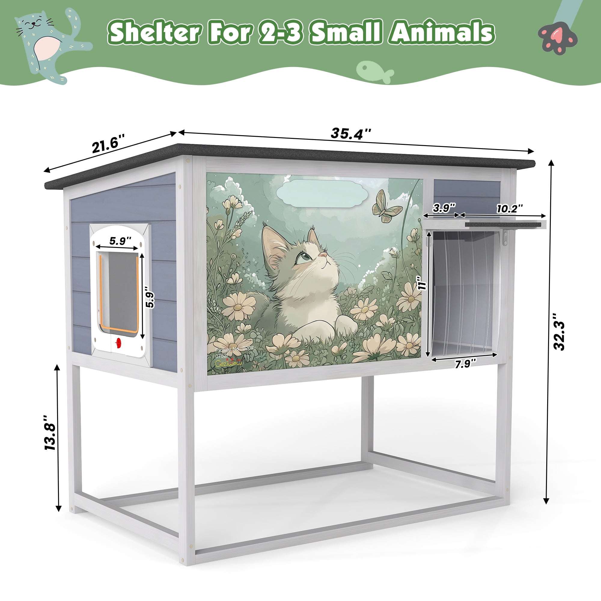 Outdoor Cat House, Wood Cat Enclosure with Elevated Leg Frame, Openable Roof, Curtained Door, Escape Door, Weatherproof Pet Condo for Feral Cats, Gray