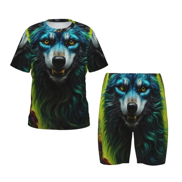 Balery Fluorescent Wolf Conjunto de Pijama Infantil de Manga Corta con Estampado – Ropa de Dormir de Algodón Suave-XX-Large