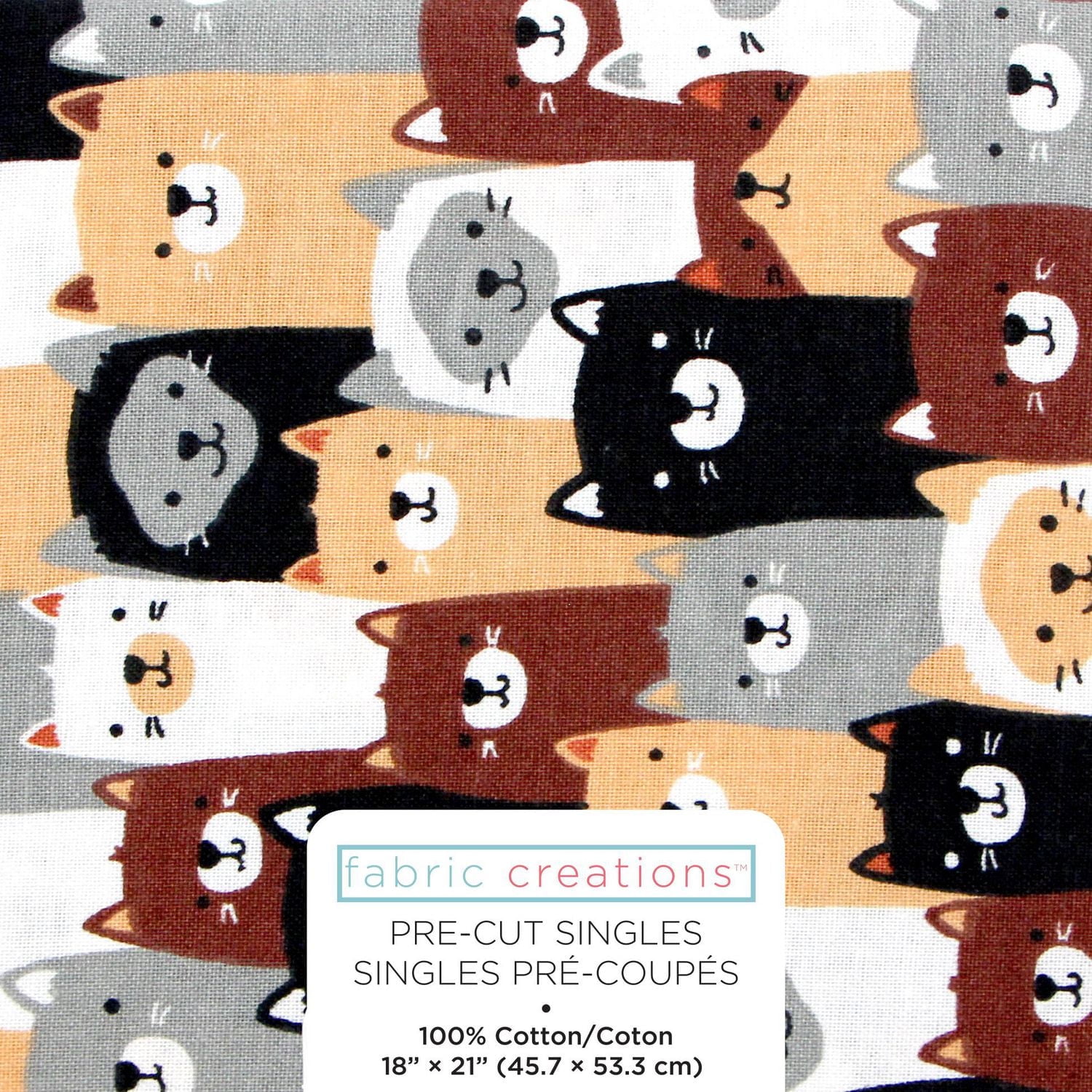 Fabric Creations Tan, Black, Brown and White Cats Fat Quarter Pre-Cut Fabric, 18" X 21"